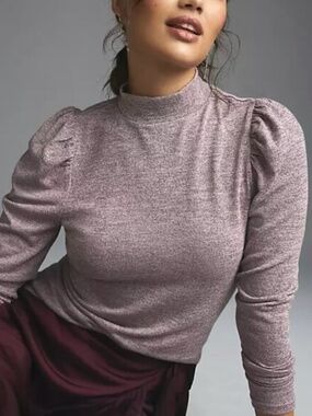 Anthropologie Mauve Heather Puff-Sleeve Mock Neck Top